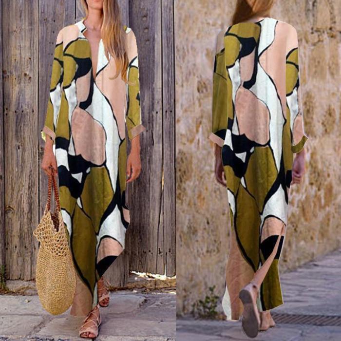 Fashion Print V Neck Long Sleeve Maxi Dress