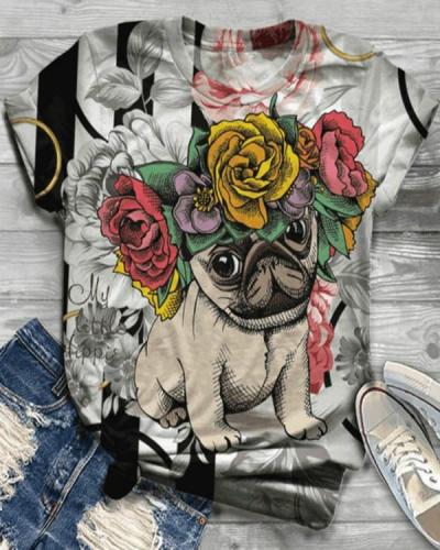 Colorful Dog Printed Vintage Short Sleeve Crew Neck Shirts & Tops