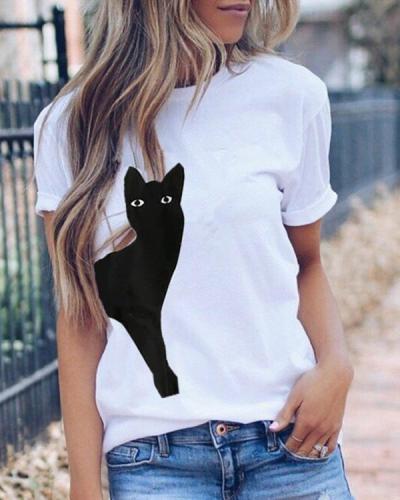 Women Casual Cat Printed Short Sleeve Crew Neck Plus Size Shirt Tops