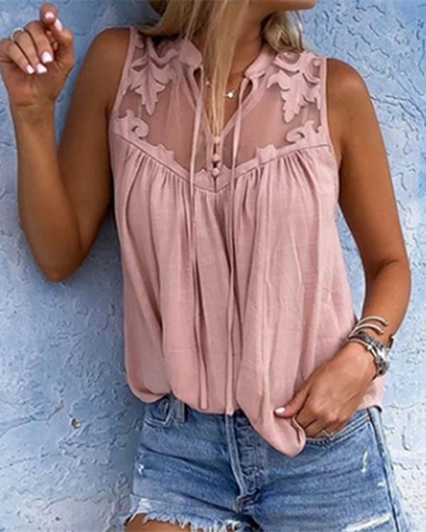 Women Chiffon Stitching Lace V-Neck Sleeveless Shirts Tops