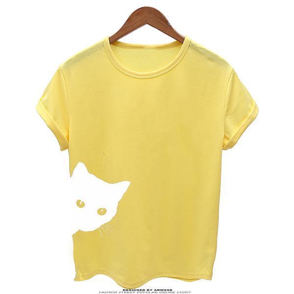 Women Casual Funny Print  Cat Looking Outside Plus Size T-shirts Tops