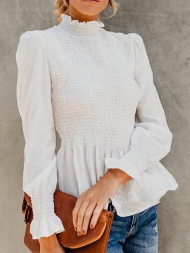 Chiffon Long Sleeve Sweet Turtle Neck Solid Shirred Blouses