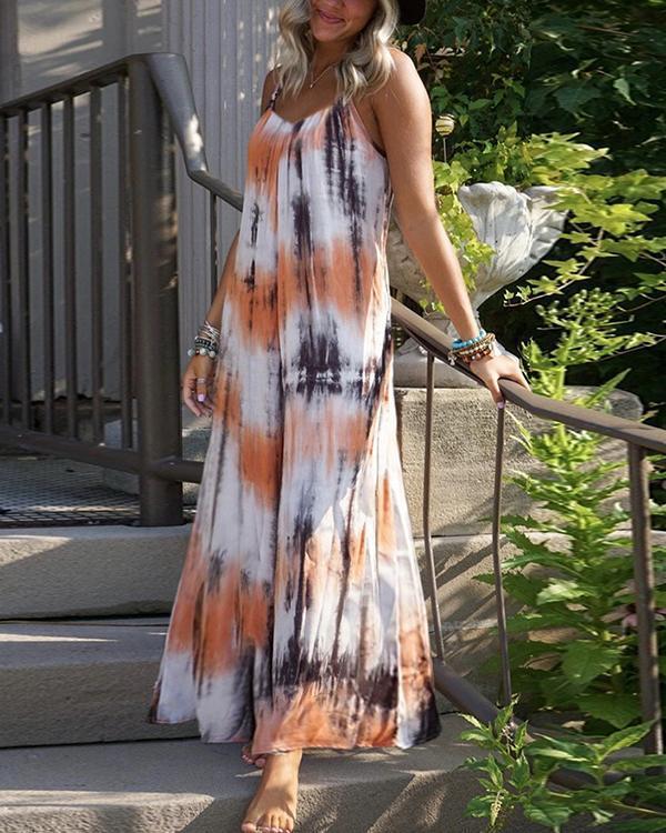 Orange Striped Spaghetti Strap Pleated Bohemian Beachwear Maxi Dress