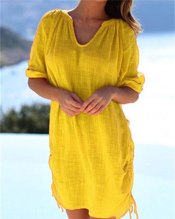 Women's Half Sleeve Cotton Linen V Neck Solid Casual Mini Dress