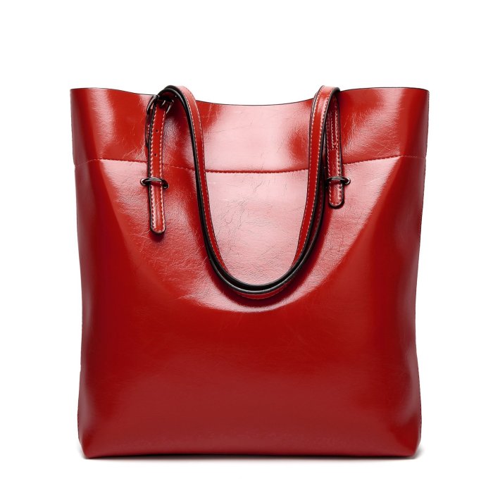 Women Oil Leather Tote Handbags Casual Solid Color Shoulder Bags