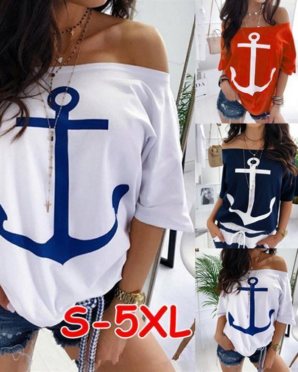 Casual Off Shoulder Bat Sleeve Printed Plus Size Shirts Tops