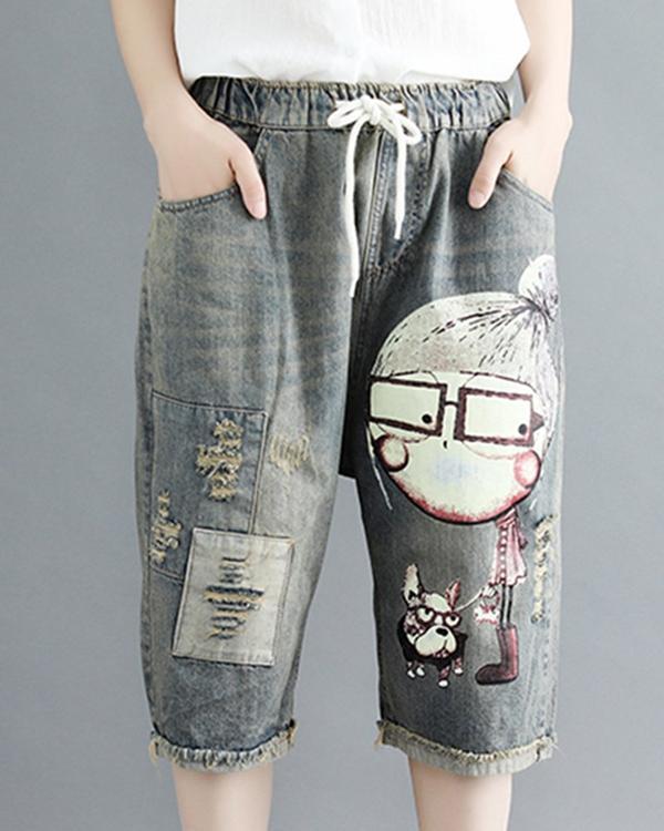 Women Cartoon Printed Casual Elastic Waist Pockets Pants