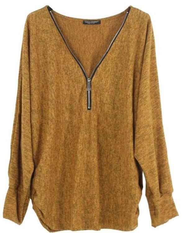 Plus Size Casual Zipper V-Neck Solid Color Long Sleeve T-shirts Tops