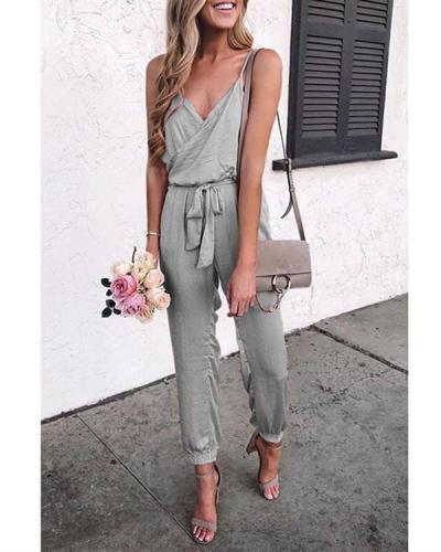 Summer Fashion Solid Sleeveless Belt Jumpsuit