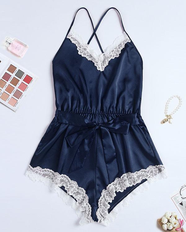 Satin Contrast Lace Backless Belted Night Romper
