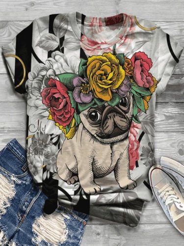 Colorful Dog Printed Vintage Short Sleeve Crew Neck Shirts & Tops