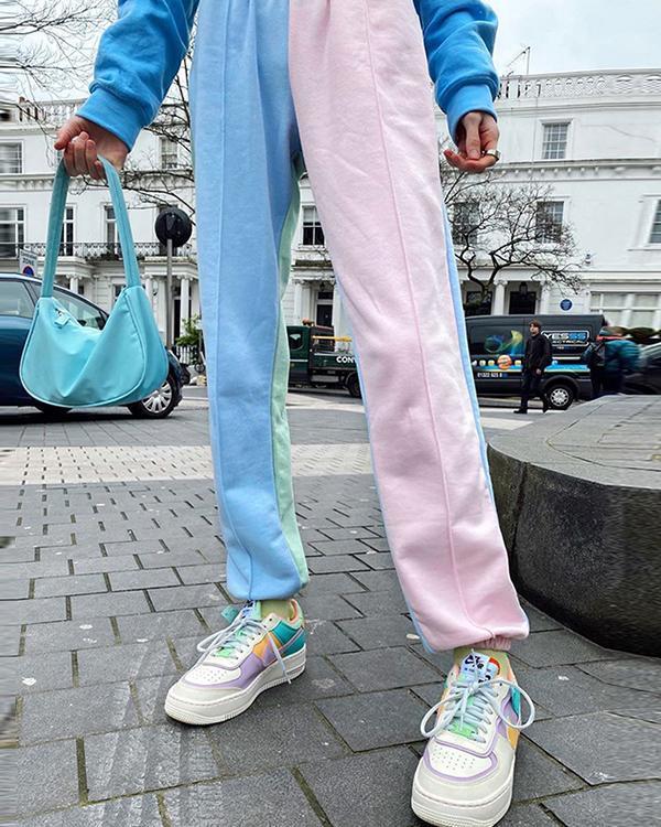 Pink Blue Patchwork Pockets High Waisted Fashion Long Pants
