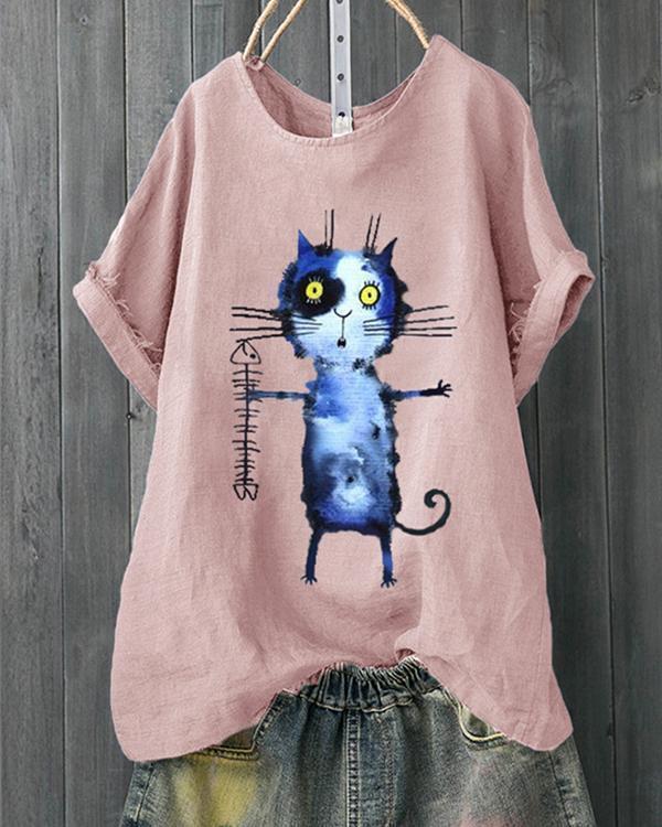 Cartoon Cat Fish Bone Casual T-shirt For Women