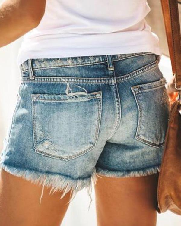 Fashion Casual Hollow out Straight Denim Shorts