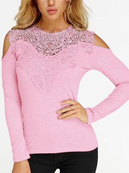 Lace Details Cold Shoulder Long Sleeves Causal Tshirts