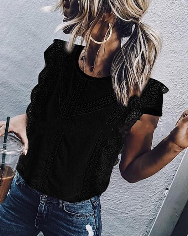Elegant Short Sleeve Hollow Out See-Through Crew Neck Tops