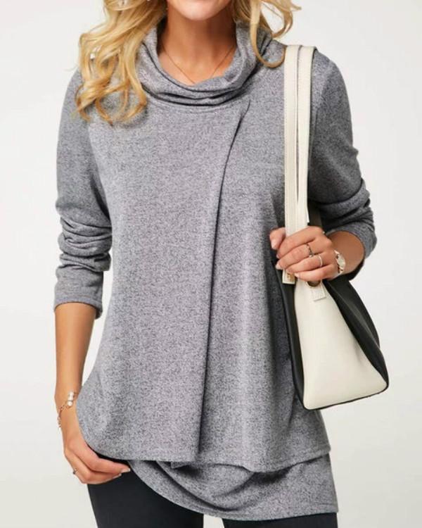 Casual Long Sleeve Cowl Neck Folds T-Shirts