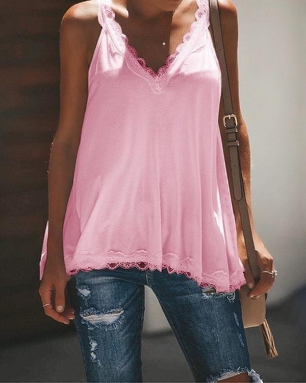 Women Casual  V Neck Paneled Spaghetti Solid Sexy Camis Tops