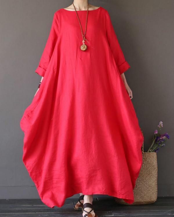 Vintage Solid 3/4 Sleeve Loose Maxi Women‘s Dress