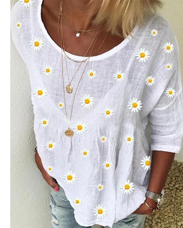 White Crew Neck Floral Shift Casual Shirts & Tops