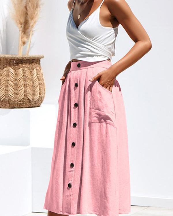Women's Casual Solid Button Front High Waist A Line Midi Skirt