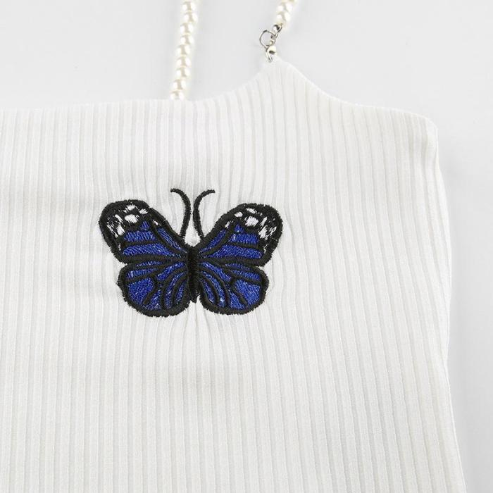 Faux Pearl Ribbed Butterfly Embroidered Cami Top