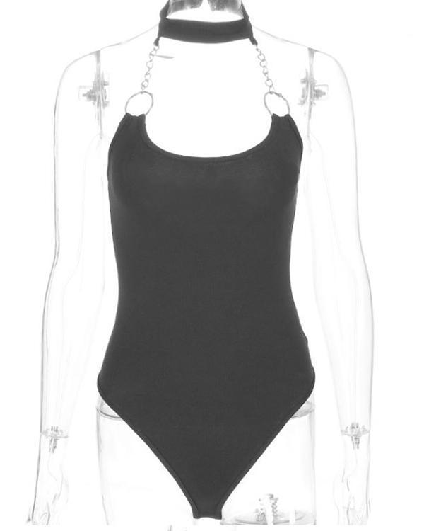 Chain Hanging Backless Black Bodysuit