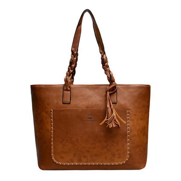 Large Capacity Vintage Shoulder Tote Bag Tassel Leather Handbag