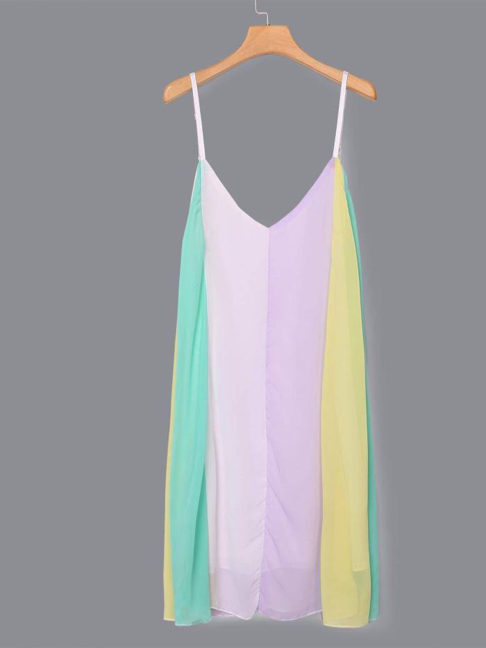 Rainbow Color Chiffon V-neck Sleeveless Mini Dresses