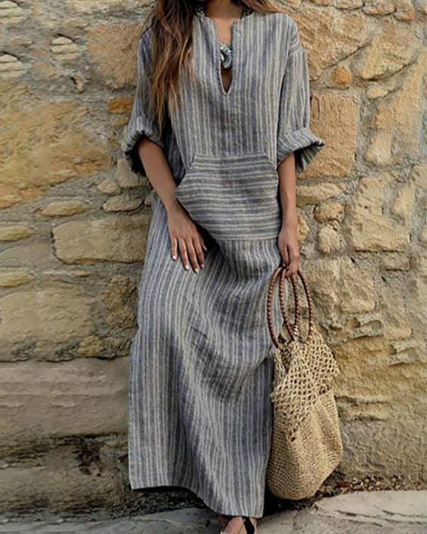 US$ 38.86 - Casual Loose Maxi Dresses Cotton Linen Striped Long Sleeve ...