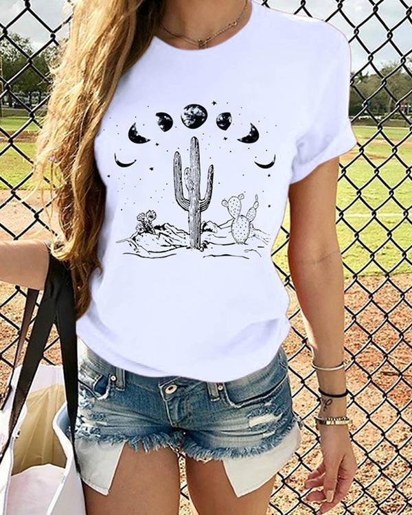 Cactus Printing Round Collar Short Sleeve T-shirt