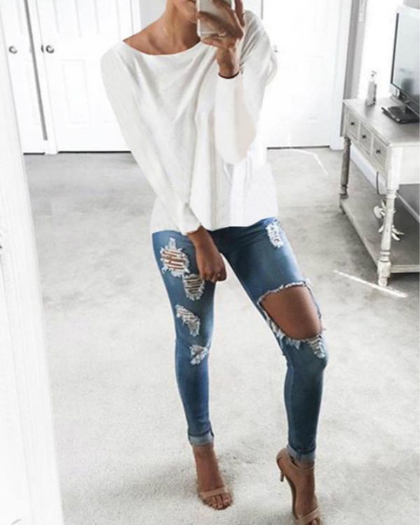 Cutout Round Neck Backless Hollow Details T-shirts Tops