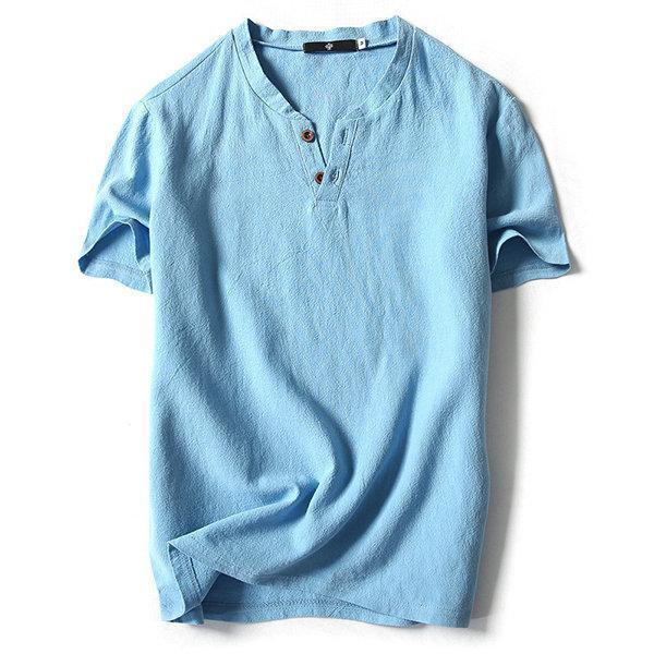Cotton Linen Solid Color Short Sleeve Casual T Shirts