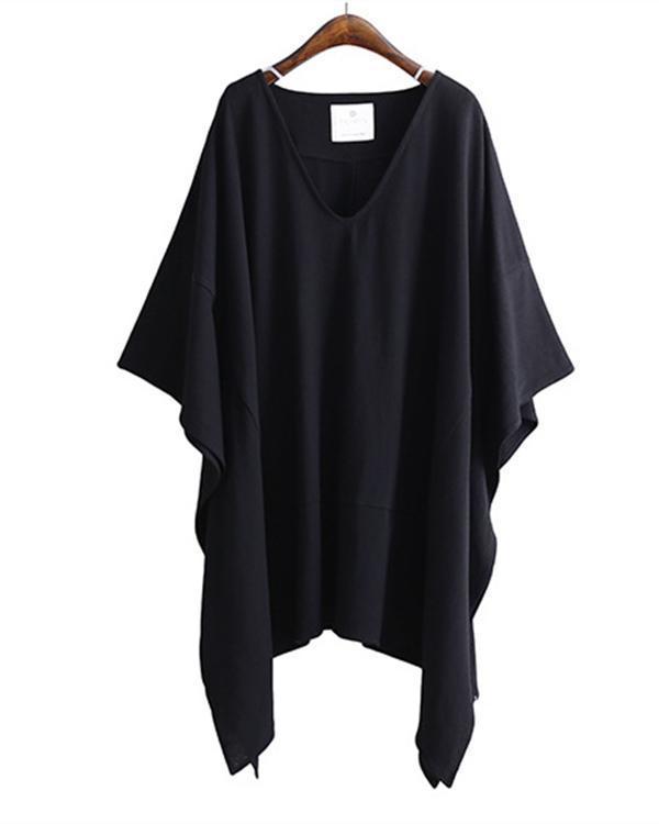 Black Asymmetrical Casual V-Neck Cotton Batwing Blouse Plus Size Tops