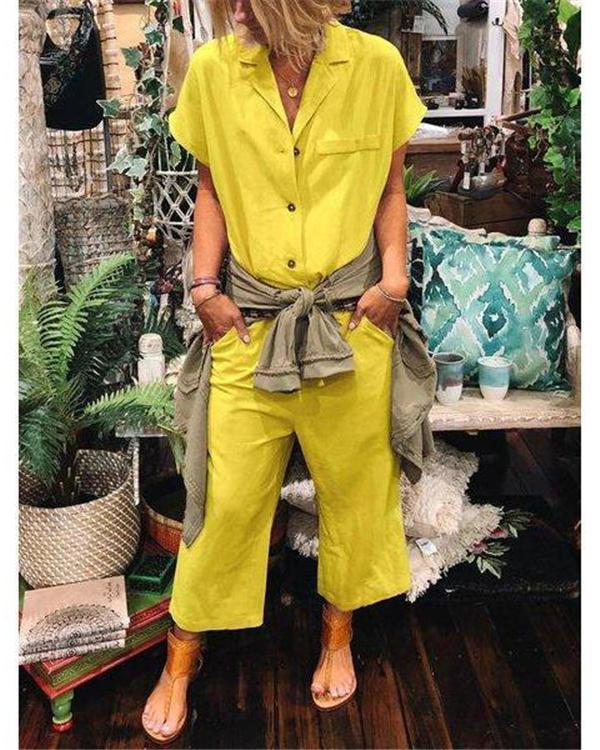 Short Sleeve Solid Casual Jumpsuits