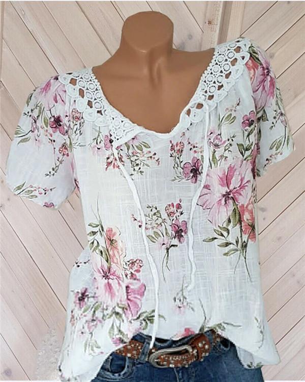 Casual V Neck Floral Printed  Women Shirts Tops