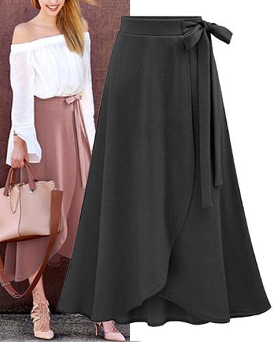 Women Solid Bow tie Belt Split Skirts