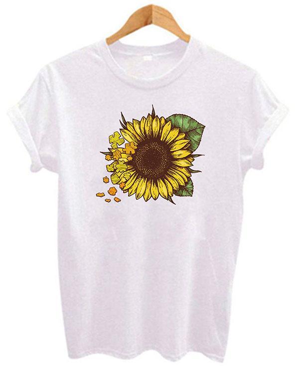 Women Print Sunflower T-shirt Ladies Short Sleeve Daily Tops