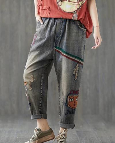 Women Printed Casual Elastic Waist Pockets Jeans
