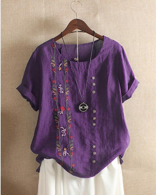 Bohemian Embroidery Floral Short Sleeve Summer T-Shirt