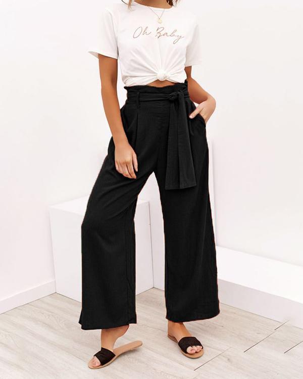 Fashion High Waist Plain Belted Wide Leg Pants