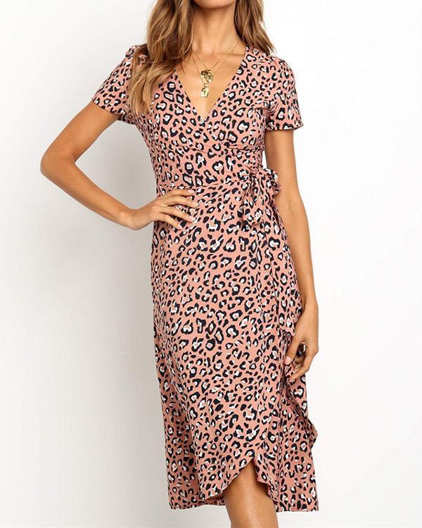 Chiffon Leopard Printed V-neck High Waist Lace-up Dress