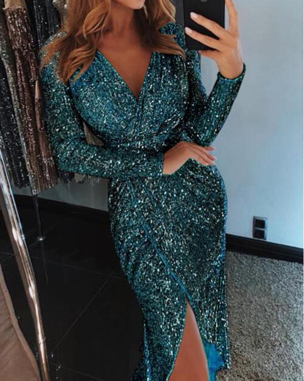 Women Sequined Long Sleeve V-Neck Plus Size Party Dress