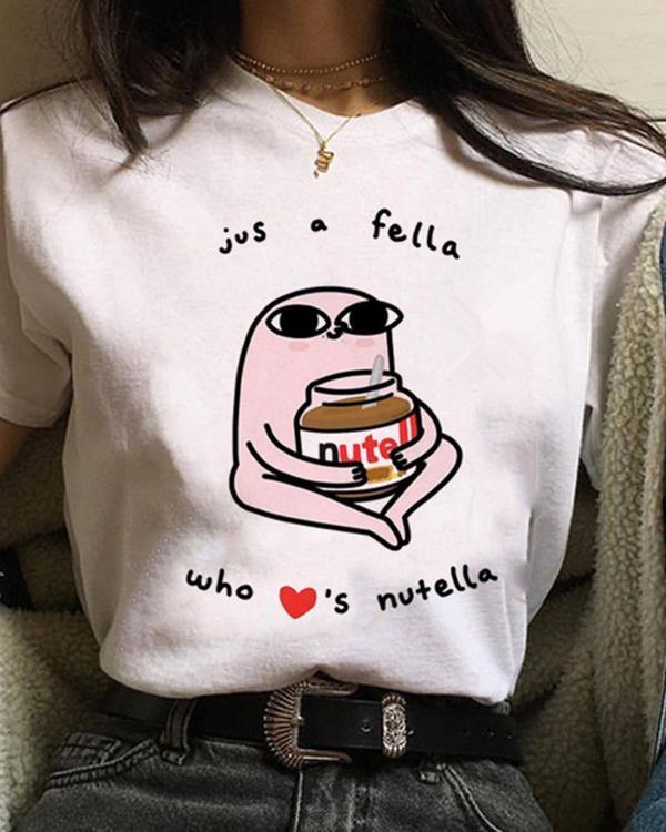 Cute Women Print Crew Neck Casual T-shirts