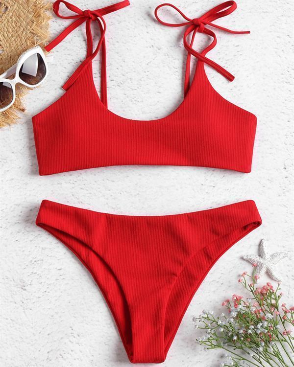 Cute Women Pure Color Lace-Up Bikini Swimsuits