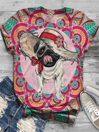 Colorful Dog Printed Vintage Short Sleeve Crew Neck Shirts & Tops