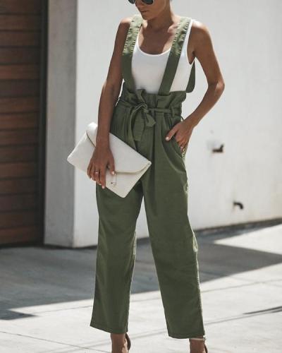 Vintage Pure Color Waist Strap Jumpsuits