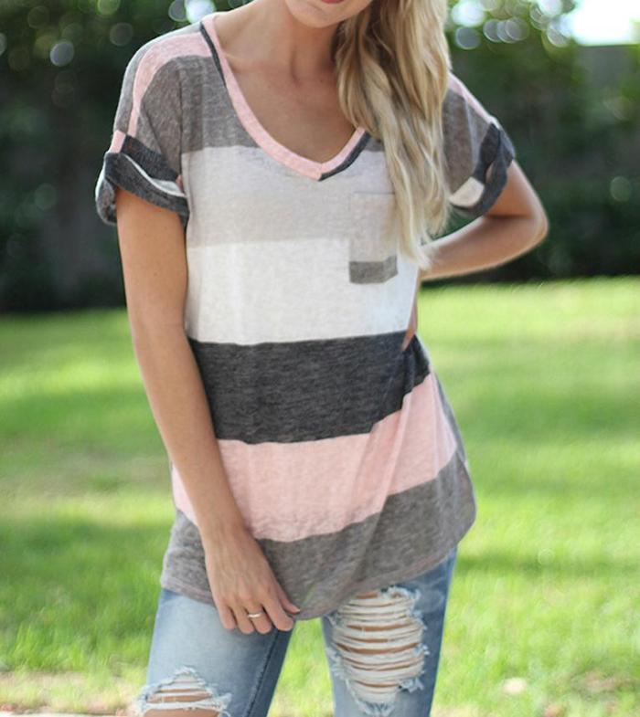 Women V-Neck Printed Striped Short-Sleeved T-shirt Top