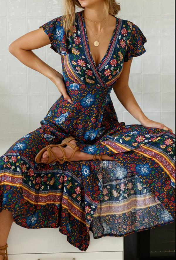 Ethnic Print Ruffled Sleeve Split Flower Wrap Belt Dress