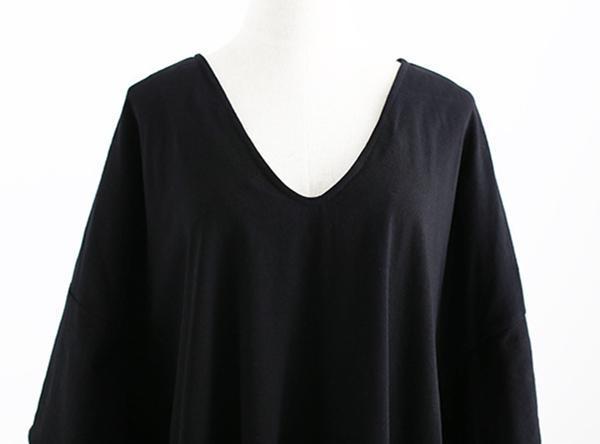 Black Asymmetrical Casual V-Neck Cotton Batwing Blouse Plus Size Tops